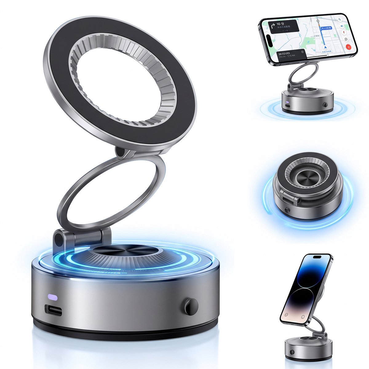 Fokelyi Telefoonhouder Auto Magnetisch - 2-in-1 Autohouder Met Klem - GSM Houder Auto - Wasbare Nano Vacuum Zuignap - Automatisch Adverteren - 360° Draaibaar - Universeel Autohouder- Zilver