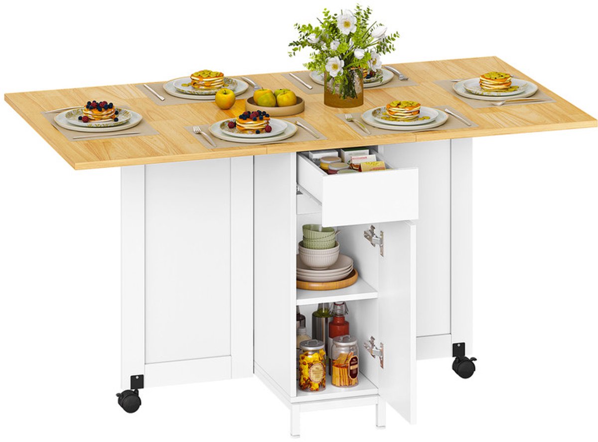 Hzuaneri Opklapbare Eettafel, Opklapbaar Paneel met Wielen, Multifunctionele Opklapbare Tafel, Voorzien Van Lades, Kastjes en Twee Open Schappen, Wit Eiken