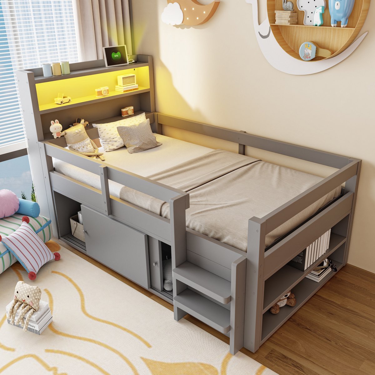 VVBV Kinderbed 90x200 cm - Opbergruimte, USB-Aansluiting, Stopcontact, LED-Verlichting - Grijs, Hout
