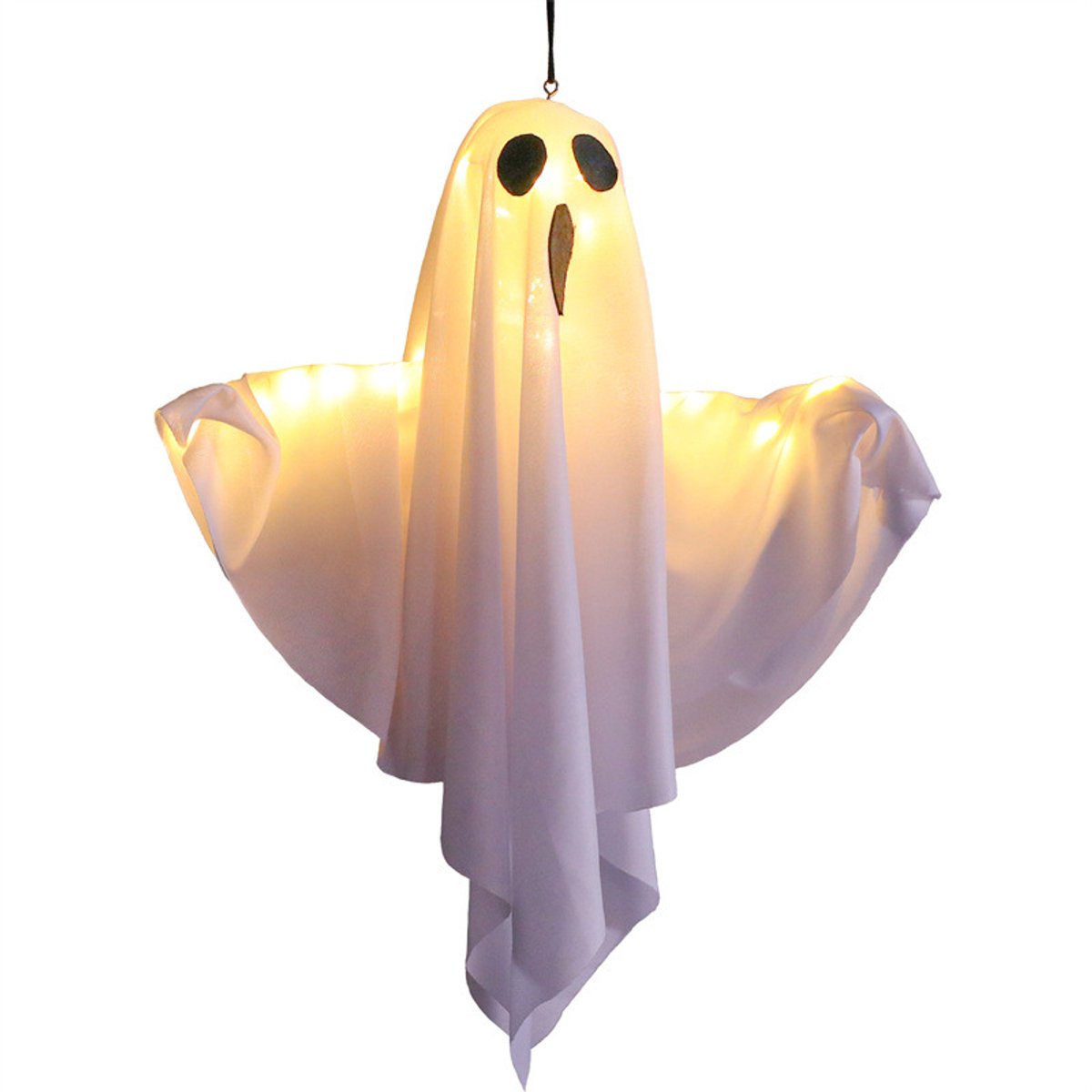 Halloween Hangende Spookdecoratie met Warm Witte LED Verlichting - 50 x 40 cm - Verlichte Geest Hanglamp voor Binnen en Buiten - Decoratie voor Tuin, Voordeur, Balkon, Slaapkamer, Feest, Patio en Halloween Themafeest