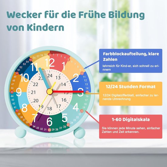Kinderwekker Analoog - Stille Klok - Leren Klokkijken - Geen Tikkend Geluid - 11.5 cm - Blauw — afbeelding 5