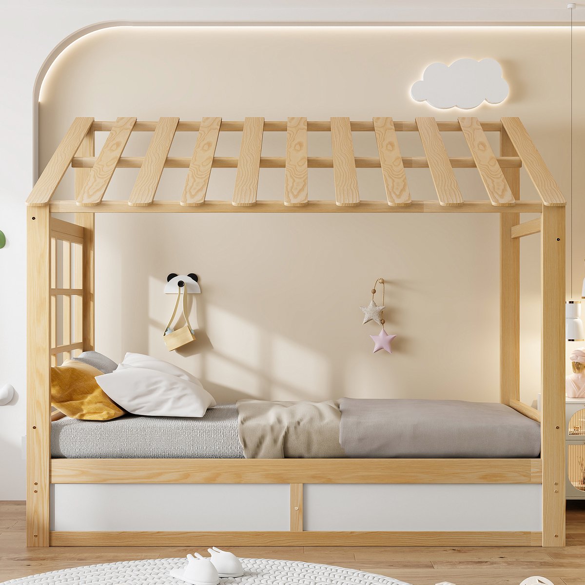 VVBV Kinderbed 90x200 cm - Hydraulische Opbergruimte, Ruimtebesparend, Stabiel Metalen Frame - Wit/Naturel, Hout