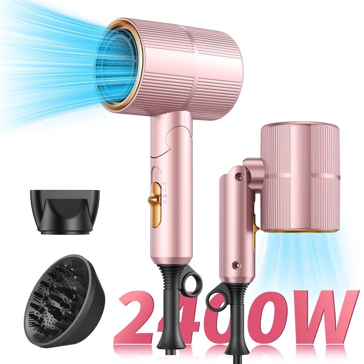 OYLCDI Föhn met Diffuser 2400W - Ionische Haardroger met Coolshot Technologie - Hair Dryer roze