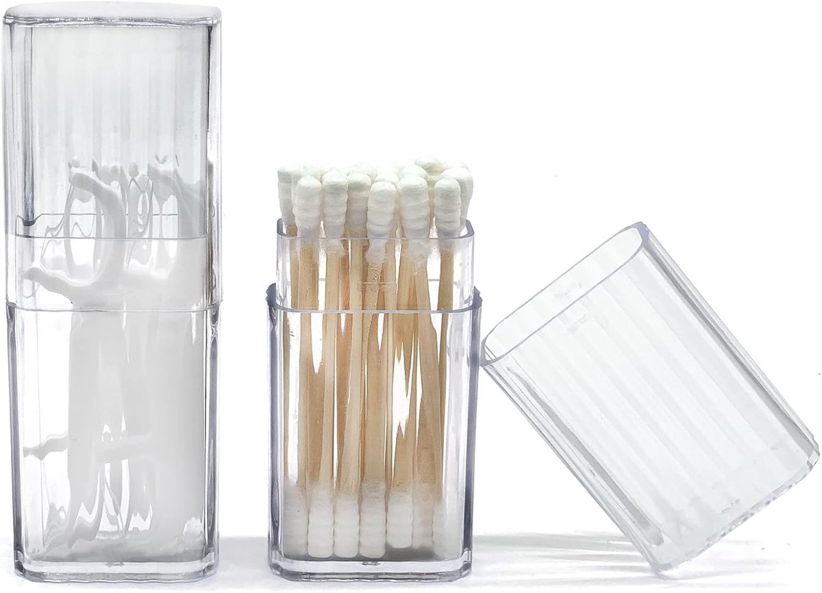 Reisvriendelijke houder voor wattenstaafjes, set van 2, transparante plastic dispenser met stofdicht deksel voor haarbanden en tandenstokers