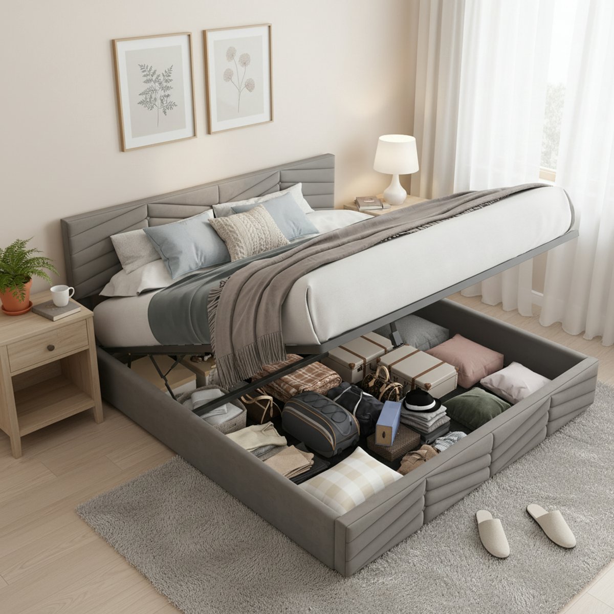 Gestoffeerd bedframe - voor matras 140 x 200 cm - grijs - met opbergruimte en lattenbodem - matras niet inbegrepen - voor de slaapkamer