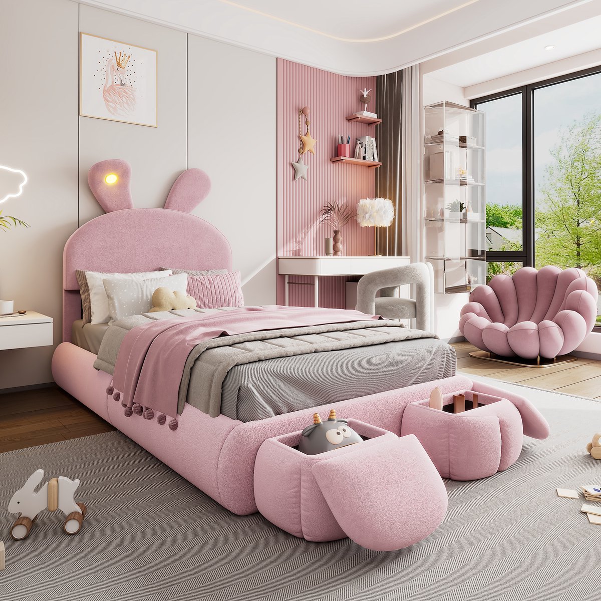 Kinderbed - voor matras 90 x 200 cm - roze - met LED-verlichting en opbergruimte en lattenbodem - matras niet inbegrepen - voor de slaapkamer