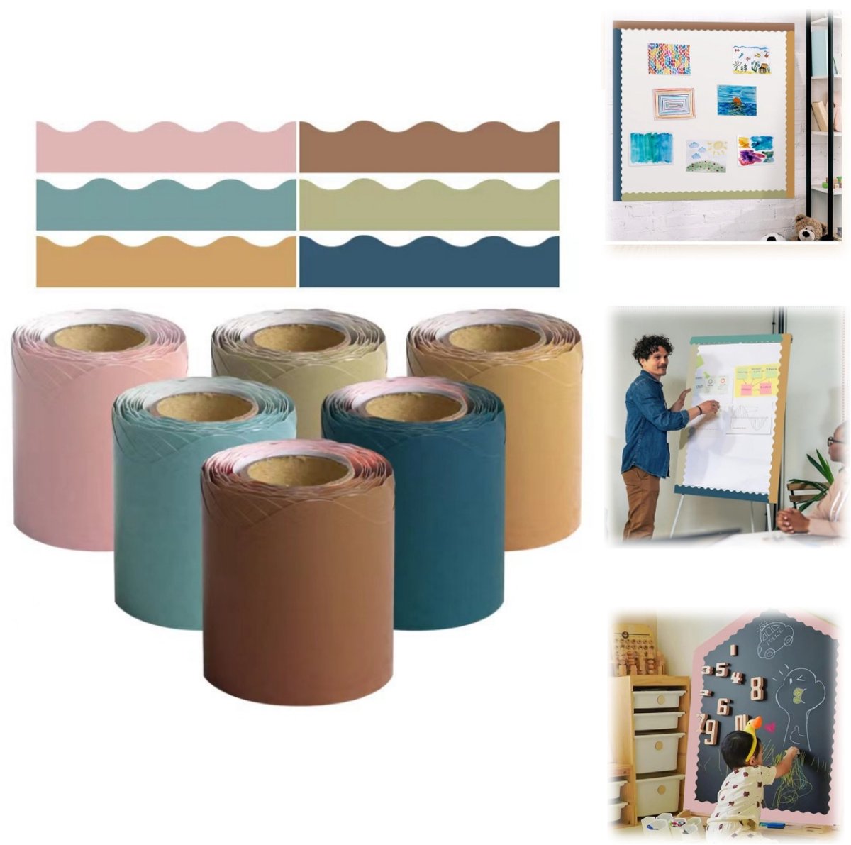6 rollen randstickers - Schoolbordrandstickers - decoratie van het prikbord - Behangranden - Decoratieranden - Waterdichte sierstrips - Zelfklevende hoeksticker - Voor schoolborden, prikborden, posters, schoolborden, muren (5,7*10 cm - Meerkleurig)
