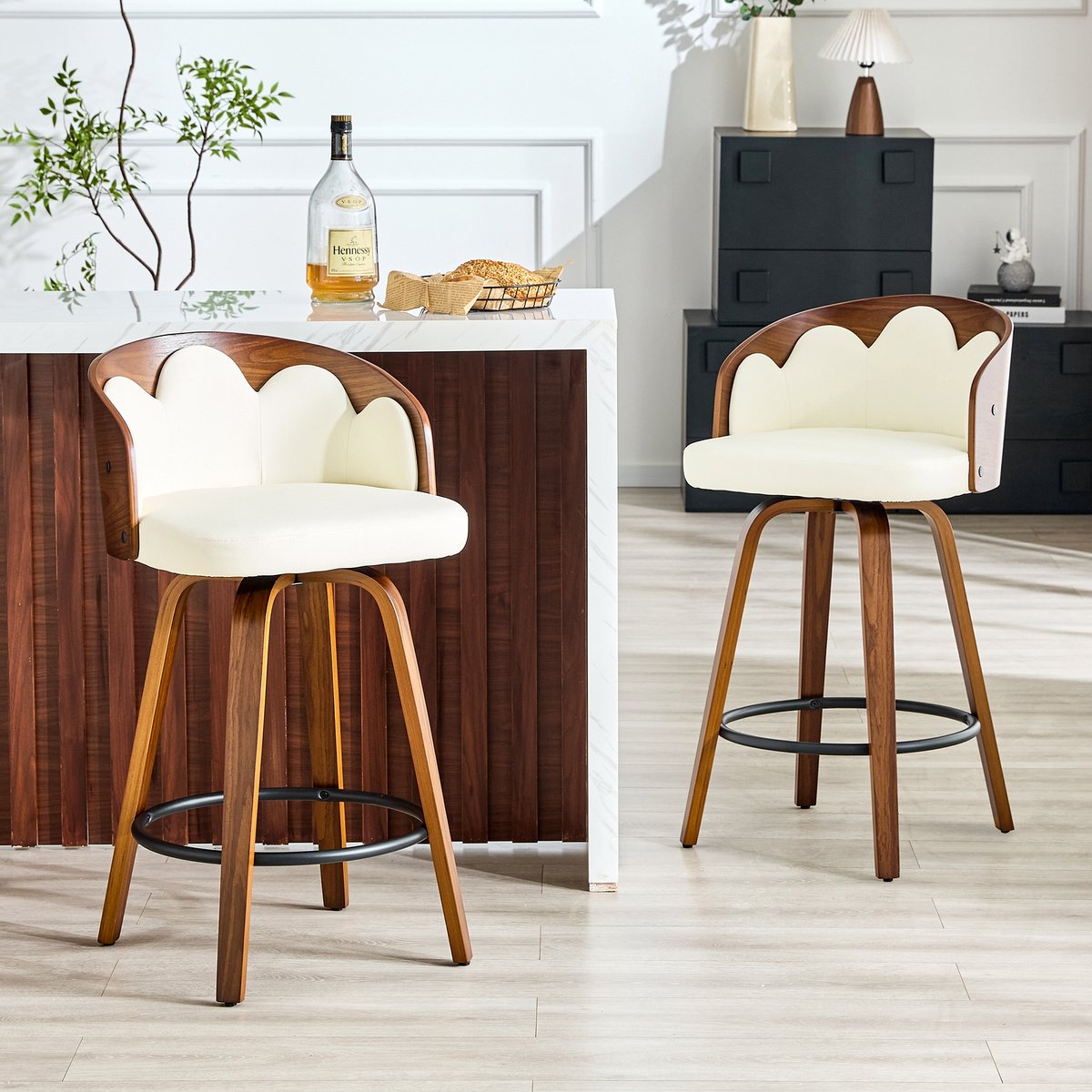 MODENUIT Barkruk 89 cm - Met Rugleuning En Voetsteun - Voor Bartafel En Keukeneiland - Hout Wit