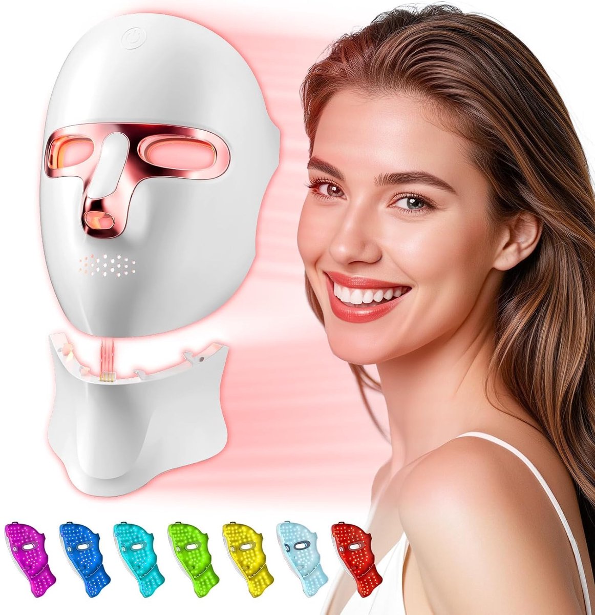 LED-gezichtsmasker – 7 kleuren rood licht en nabij-infrarood licht, anti-aging LED-masker en neklichttherapie, 120 LED's, harde behuizing/USB-C, afstandsbediening