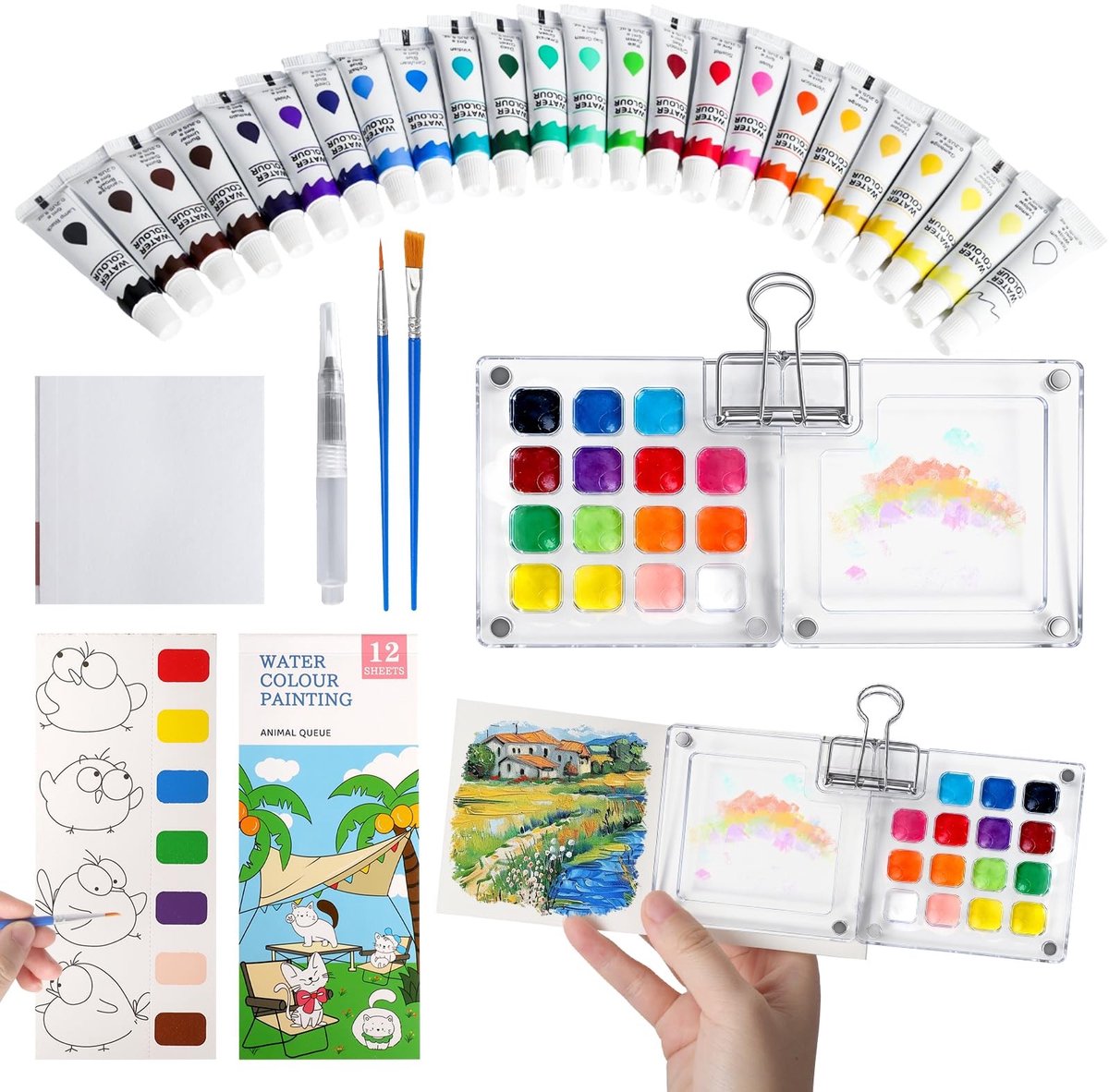 SolidKeus - Mini Watercolor Set met 24 Kleuren en Accessoires