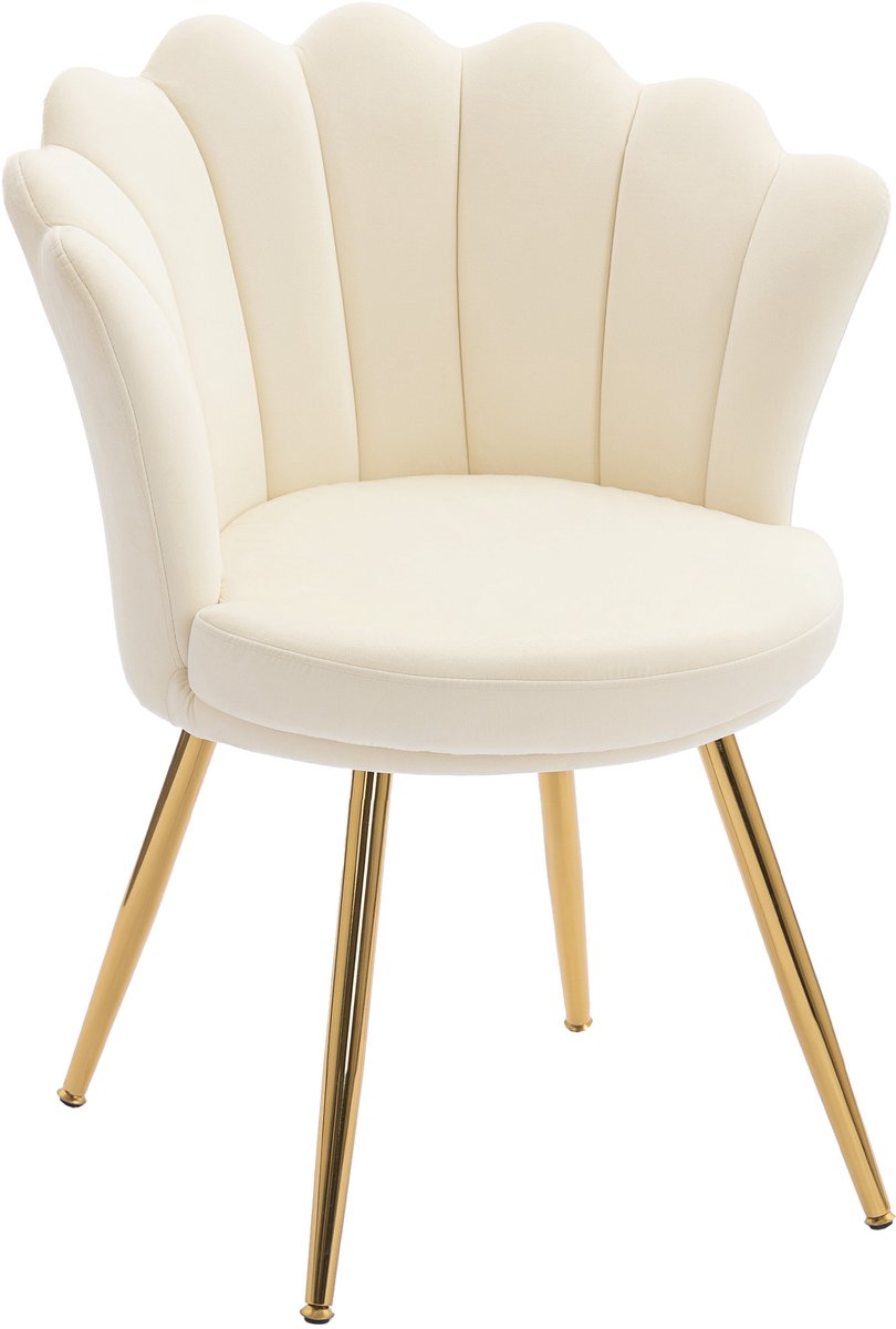 Moderne Accentstoel Fluweel, Gestoffeerde Fauteuil met Gouden Metalen Poten, Elegante Kaptafelstoel voor Woonkamer, Slaapkamer of Make-uphoek – Wit