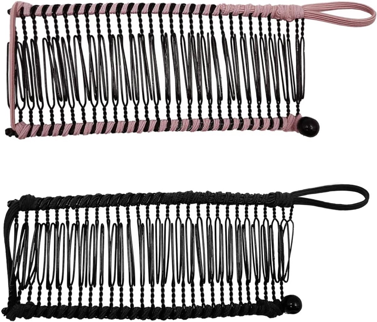 Retro haarclip, intrekbaar haaraccessoire - haarclip met 30 tanden in de vorm van een banaan - Voor dik/kroes/natuurlijk krullend haar - 2 stuks - zwart + roze