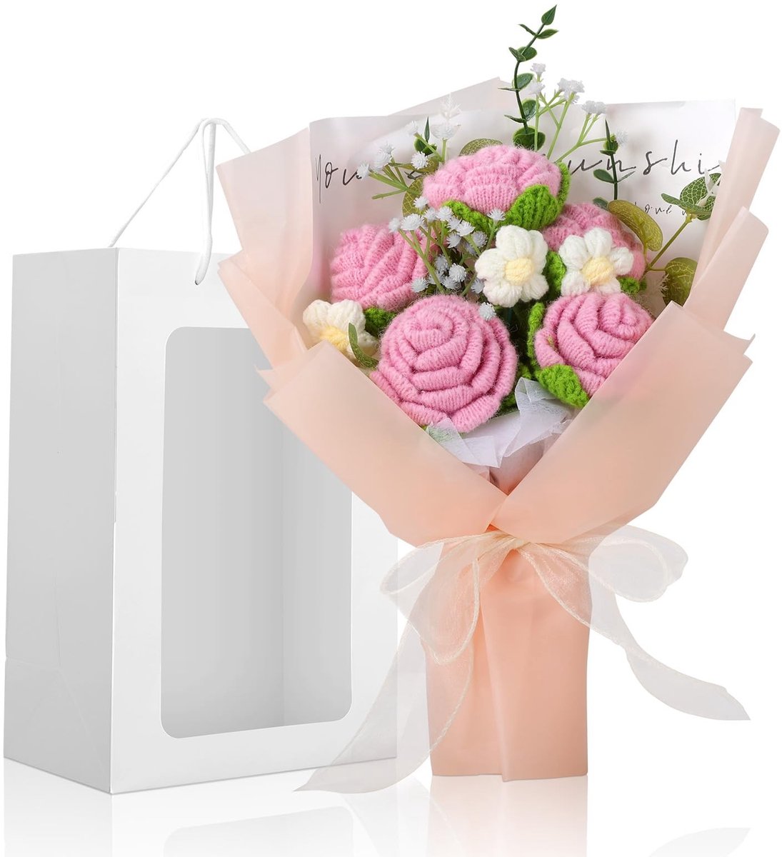 SolidKeus - Handgemaakte Gehaakte Rozen Boeket met Cadeautas