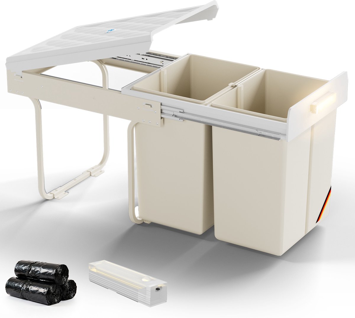 Soontrans - Inbouw Prullenbak Uittrekbaar - Metalen Frame - Afvalemmer voor Keukenkast - Soft-Close Glijsysteem - Afvalscheidingssysteem - Afvalbak 20L+20L - 2 Vakken - Wit