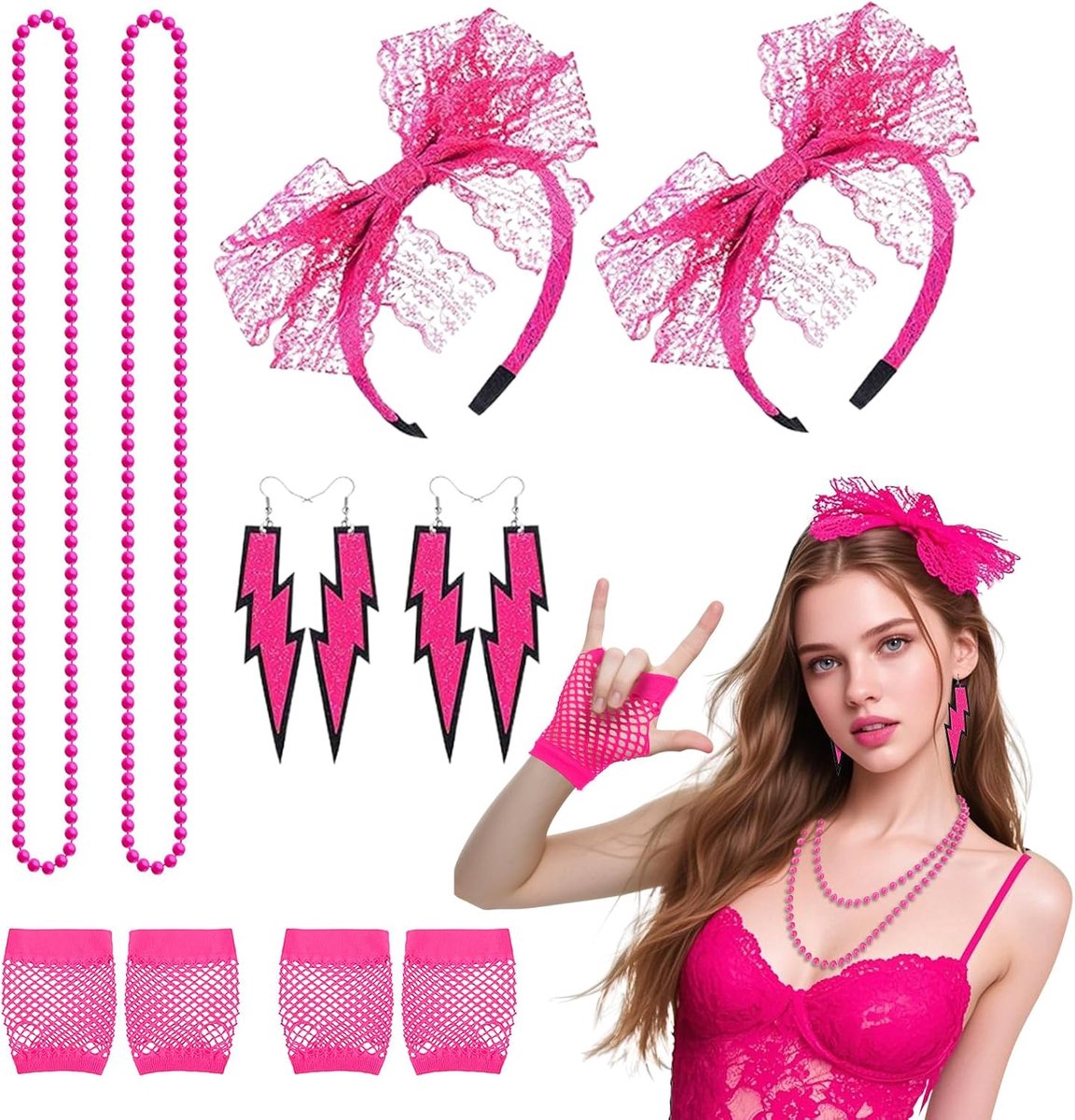 8 stuks jaren 80 verkleedkleding voor dames en meisjes, jaren 80 fancy dress accessoires, jaren 80 fancy party kostuum accessoires set, kanten hoofdband oorbellen visnet handschoenen ketting