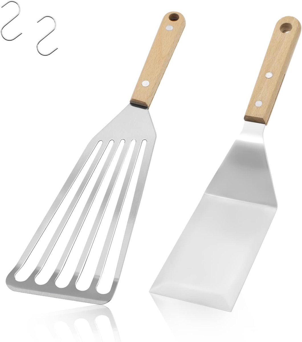 2 stuks Vis Spatel, TACYKIBD roestvrijstalen Spatel Turner met houten handgreep en haken, 30 cm gegroefde metalen spatel voor het keren, bakken, grillen, koken van vis, eieren, vlees, frietjes