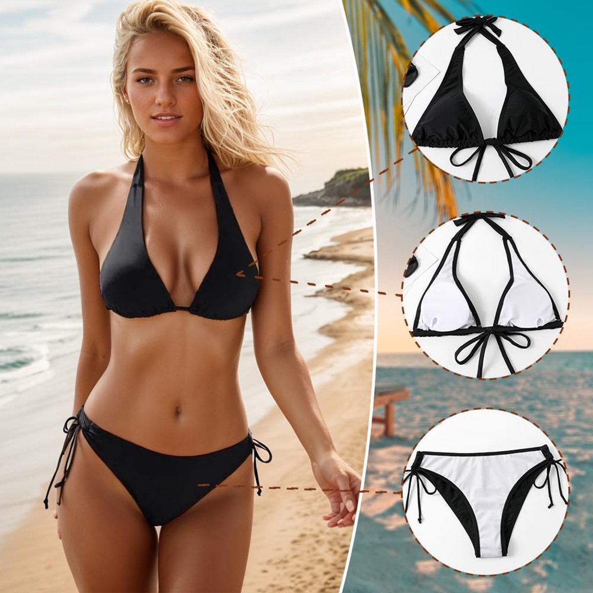 2-delig badpak voor dames, push-up bikini-set, push-up-badpak, V-hals, bikinitop met gekruiste veters op de rug en zwemshorts met trekkoord aan de zijkant met plooien