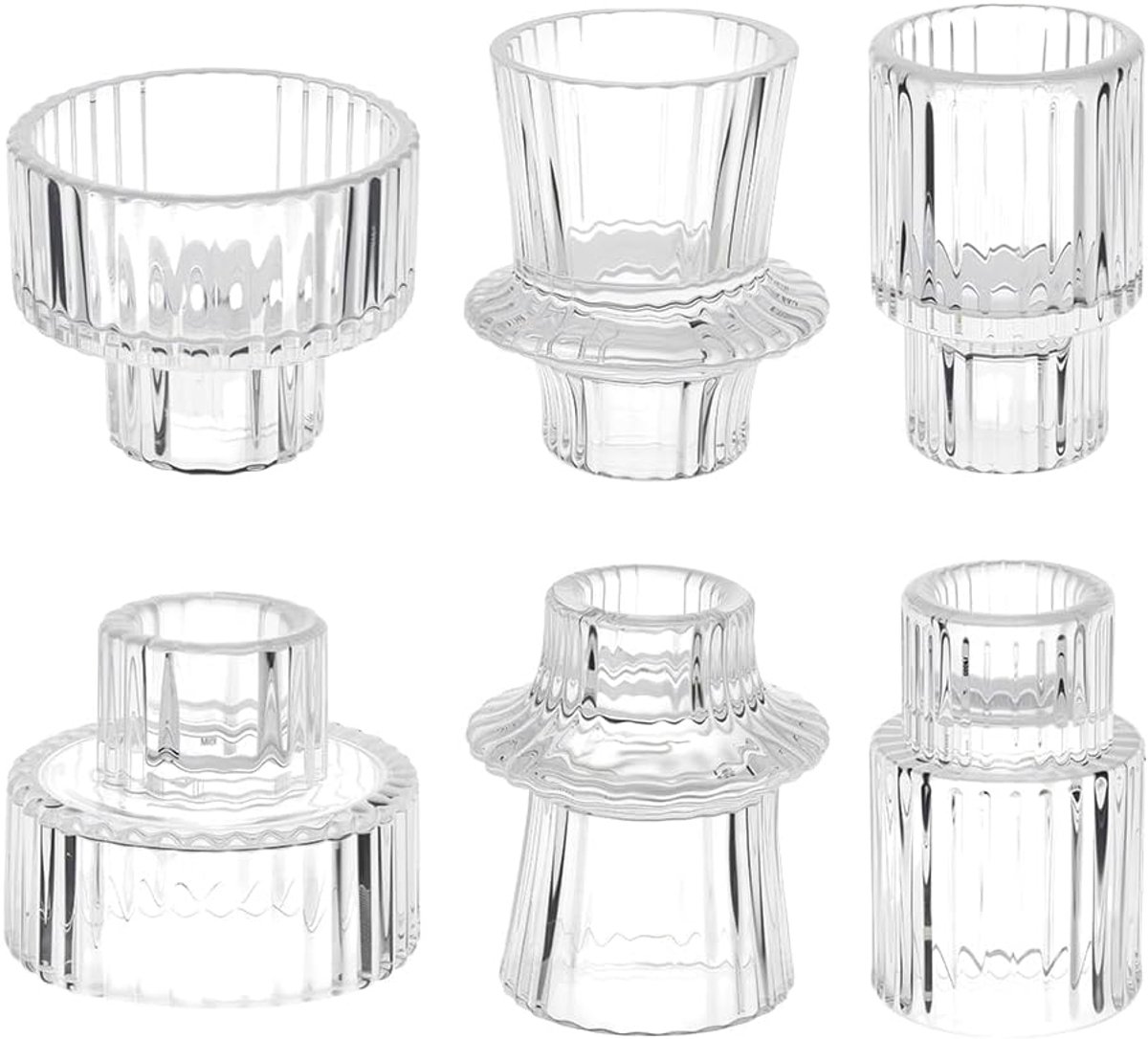6 Stks Glazen Taper Kaarsenhouders Dubbelzijdige Vintage Geribbelde Kaarsenhouder Helder Glas Kandelaar Houders Omkeerbare Theelicht Kandelaar voor Tafel Middenstuk Bruiloft Diner