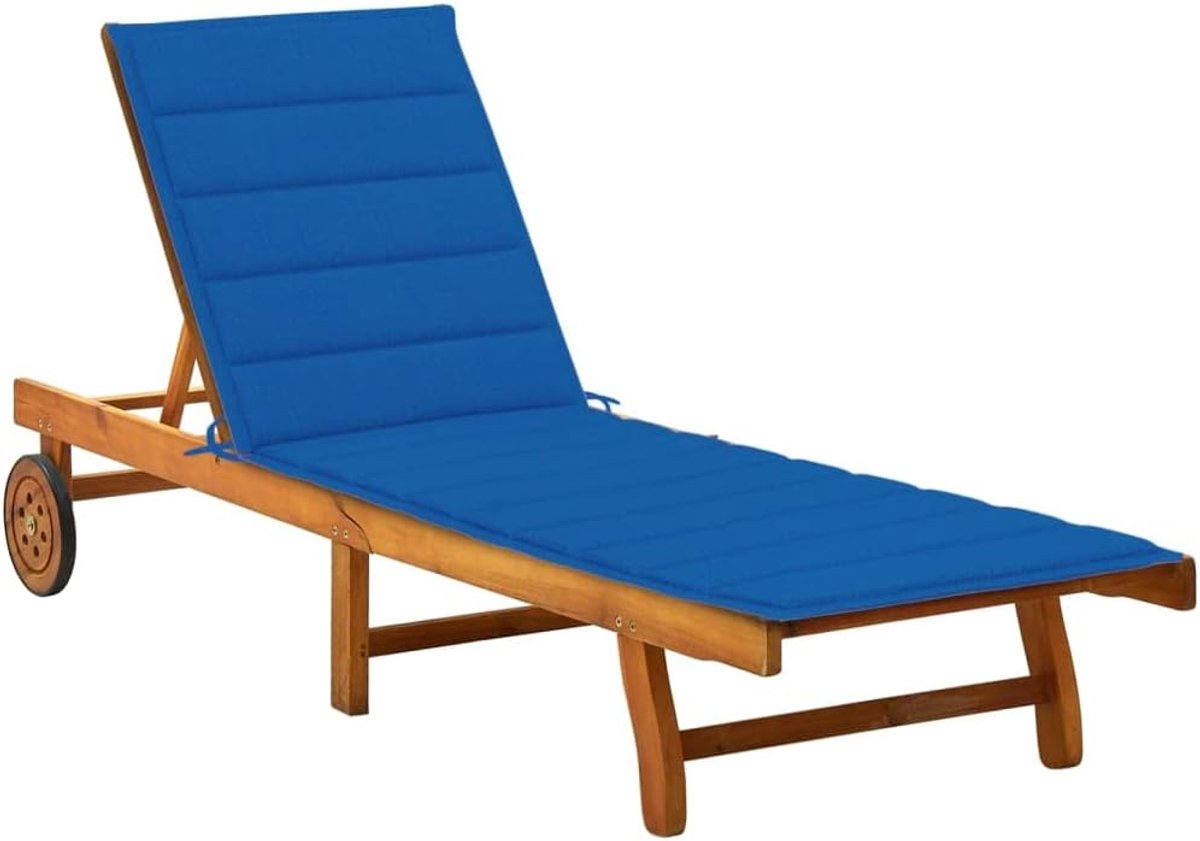 Houten zonneligbed met kussen van acacia, verstelbare rugleuning en voetensteun, praktische opbergruimte voor dranken en accessoires, 2 wielen voor eenvoudig verplaatsen, robuust