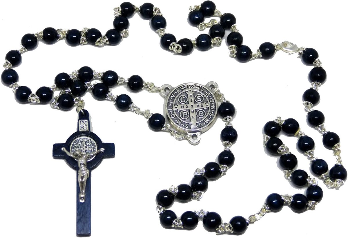 90.685.90 Blauwe Rozenkrans van de heilige Benedictus van hout, 50 korrels + 9 halskettingen met medaillekruis, exorcisme, exorcisme, kerk, priester, non, S, Hout