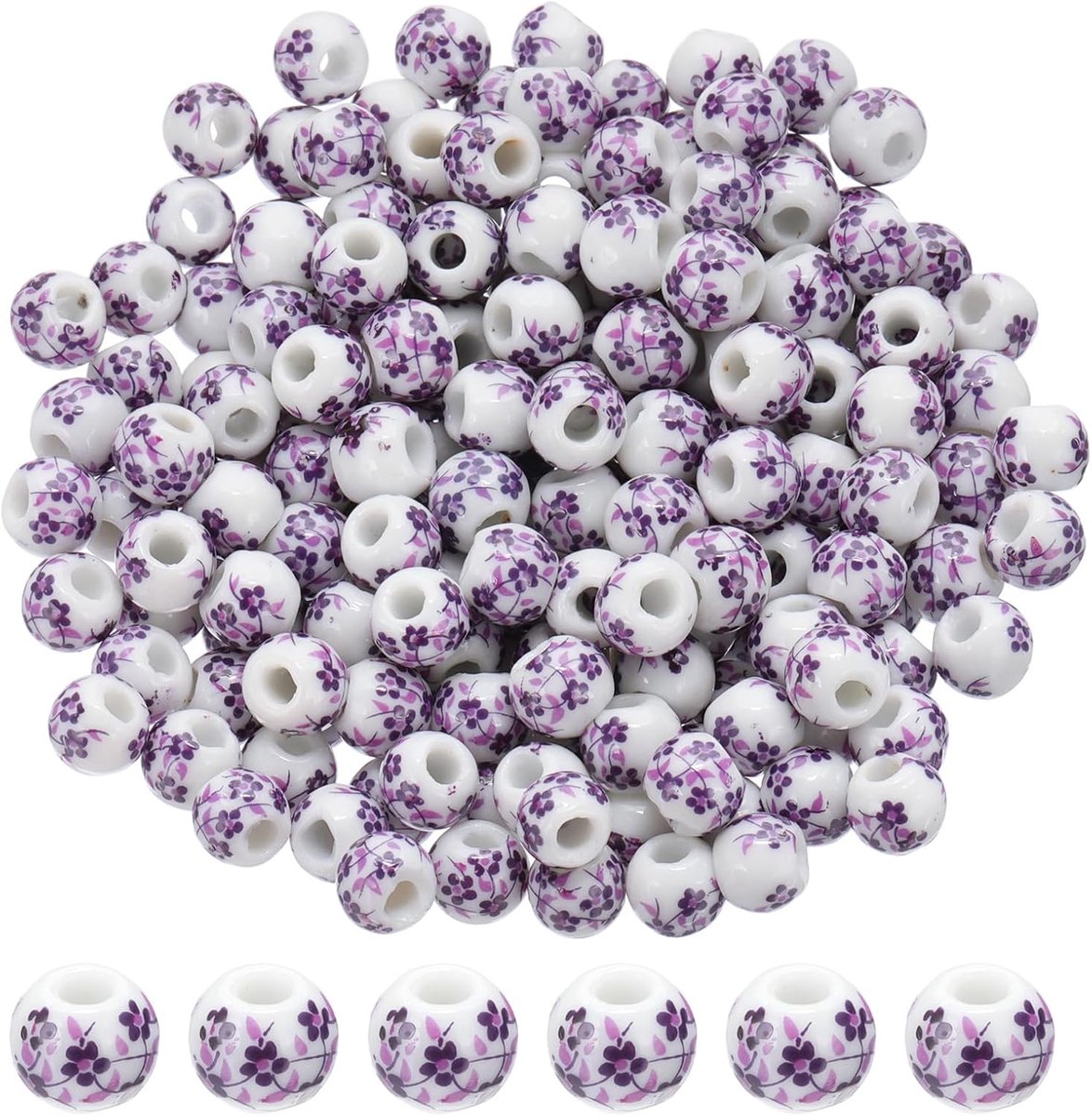 Kralen, 8 mm bedrukte keramische kralen, ronde bloemkralen, handgemaakte afstandskralen voor sieraden maken, oorbel, ketting, doe-het-zelf ambachten, paars