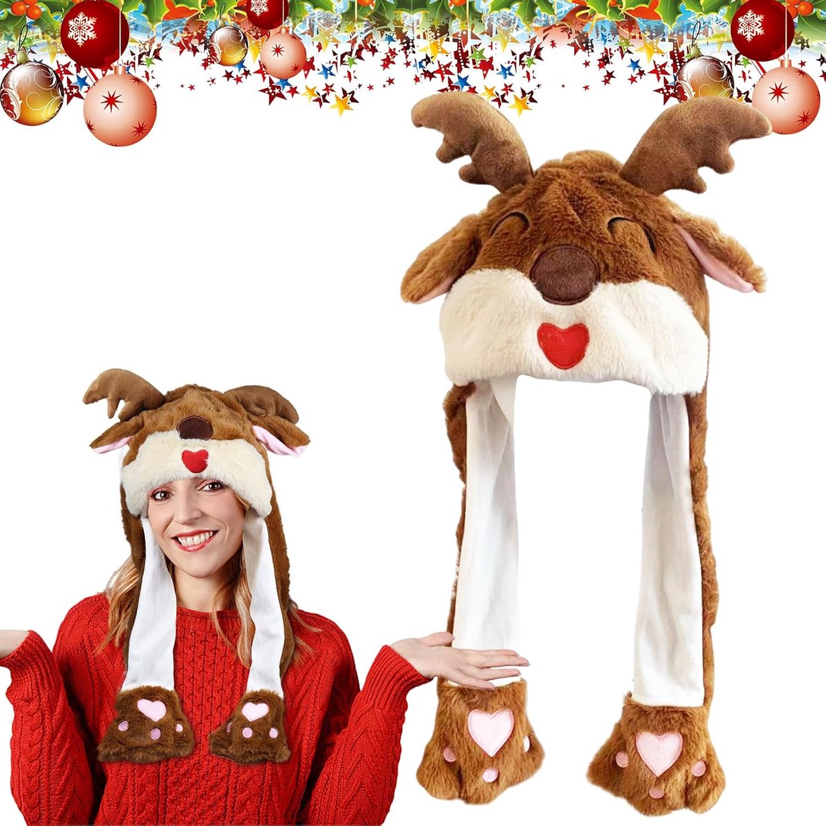 Pluche, muts met oren, muts met beweegbare oren, kerstmuts, grappige hoed, kerstfeesthoed voor volwassenen en kinderen, kerstfeest, carnaval en cosplay