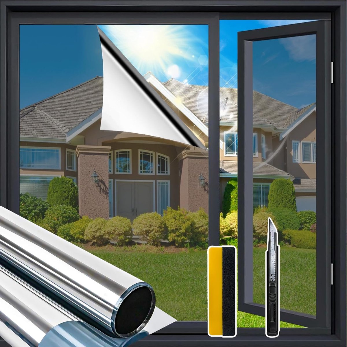 Raamfolie tegen inkijk en hitte – spiegelfolie met montageset, uv-bescherming, privacy en zon voor kantoor, huis, winkel, 44,5 x 400 cm