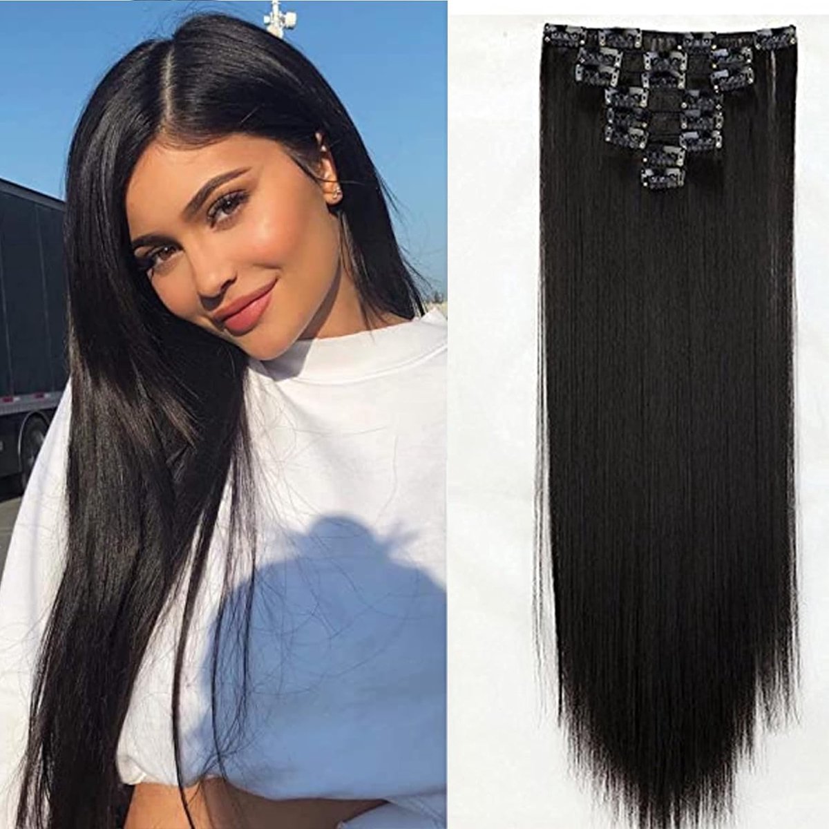 Clip in extensies haarverlenging haarstuk 8 tresses zoals menselijk haar steil natuurlijke zwarte 23 “(58cm)-140g