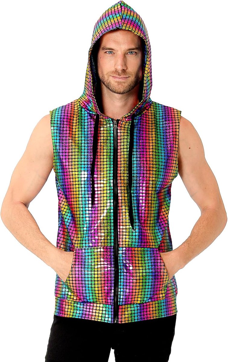 Metallic Jaren '70 Fancy Dress Disco Shiny mouwloze Hoodie Zip Up Vest Shirts