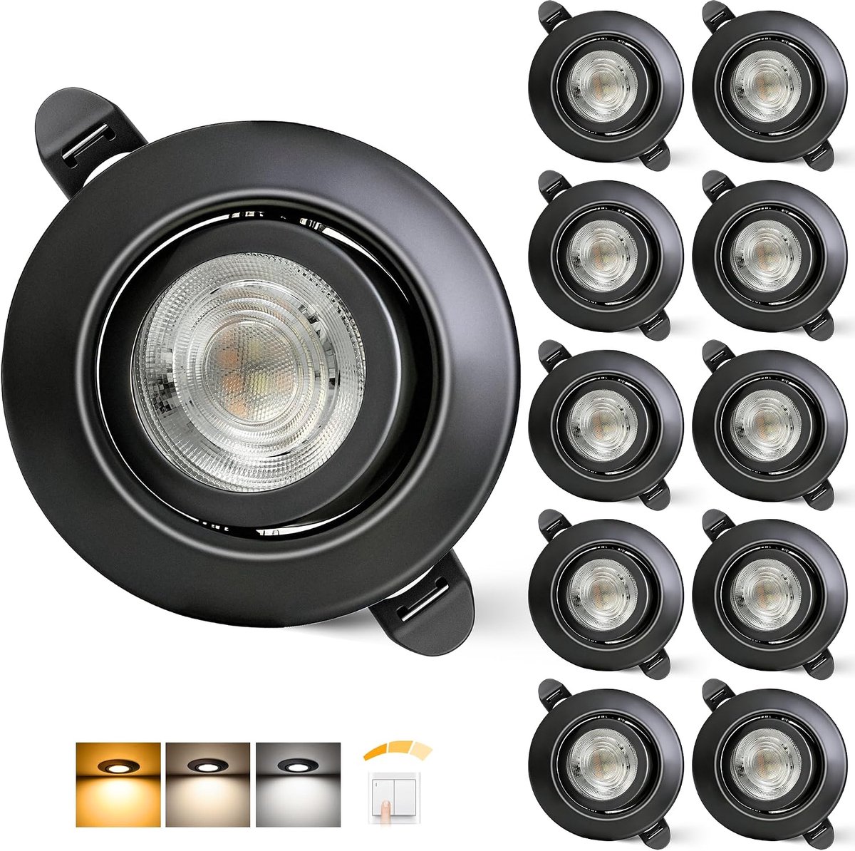 Inbouwspot 230V Dimbaar 68mm 5.5W IP44 LED Spots Ultraplatte Plafondspots 45° Draaibaar Inbouwspots Warm Wit Neutraal Wit Koudwit Inbouwspots Voor Badkamer Woonkamer, Zwart Set Van 10