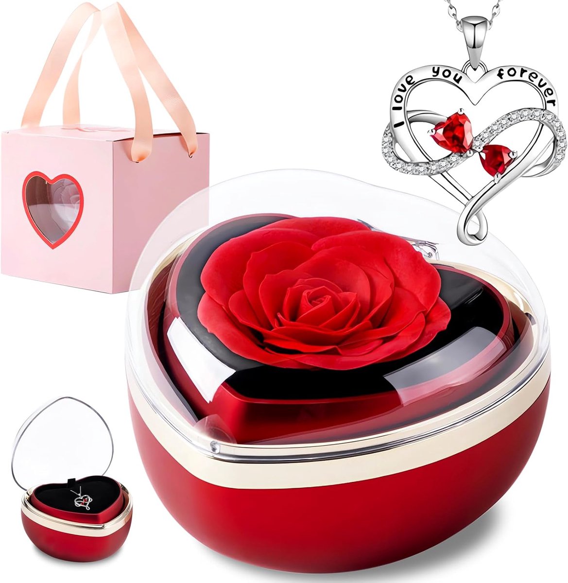 Real Rose with Heart Necklace, Womens Birthday Gifts | Preserved Rose Heart Shaped Jewelry Gift Box for Valentine's Day, Birthday, Mother's Day, Girlfriend, Wife, Mom