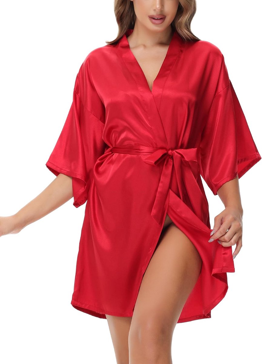 Kimono Sexy Dames,Ochtendjas Kimono-Gewaad Schuine V-Hals Korte Stijl Zomer Badjas Dames met Riem Nachtjas voor Bruiloft/Spa/Hotel