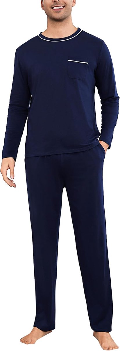 Heren winterpyjama van katoen, lang, tweedelige pyjama voor heren, lange mouwen en broek met zakken, zacht, loungewear