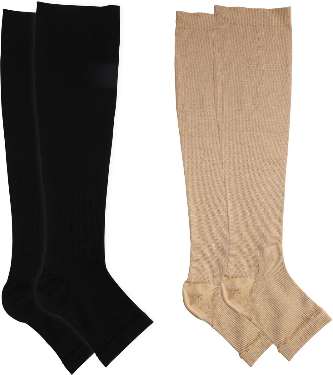 Compressiekousen voor dames & heren, Open teen, Kniehoge kuitsteunkousen met siliconenband, Vaste compressie 20-30 mmHg, voor spataderen, oedeem, diabetici,Tweedelig zwart en huidskleurig