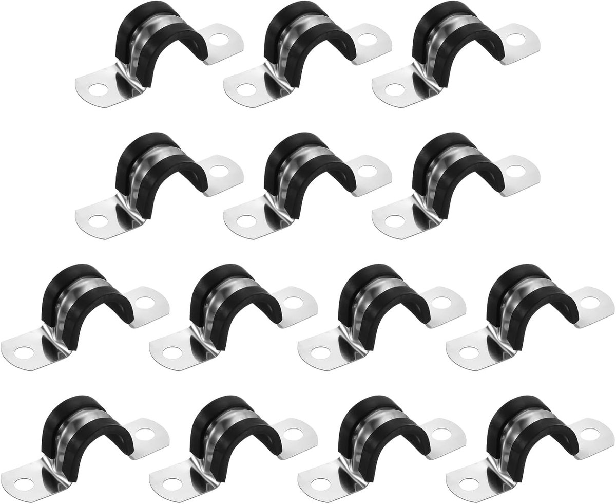 14 stuks kabelklemmen, 16 mm (5/8 inch), 304 roestvrij staal, met rubber beklede gevoerde 2-gaats U-buisklem voor leidingen, buizen, slangen, kabelinstallatie, zwart