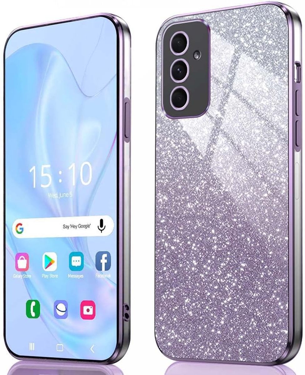 Hoesje voor Samsung Galaxy A54 5G - Flexibele zachte siliconen hoes, schokbestendig, valbestendig met gegalvaniseerde randen en geïntegreerde glitterkaart, paars kleurverloop