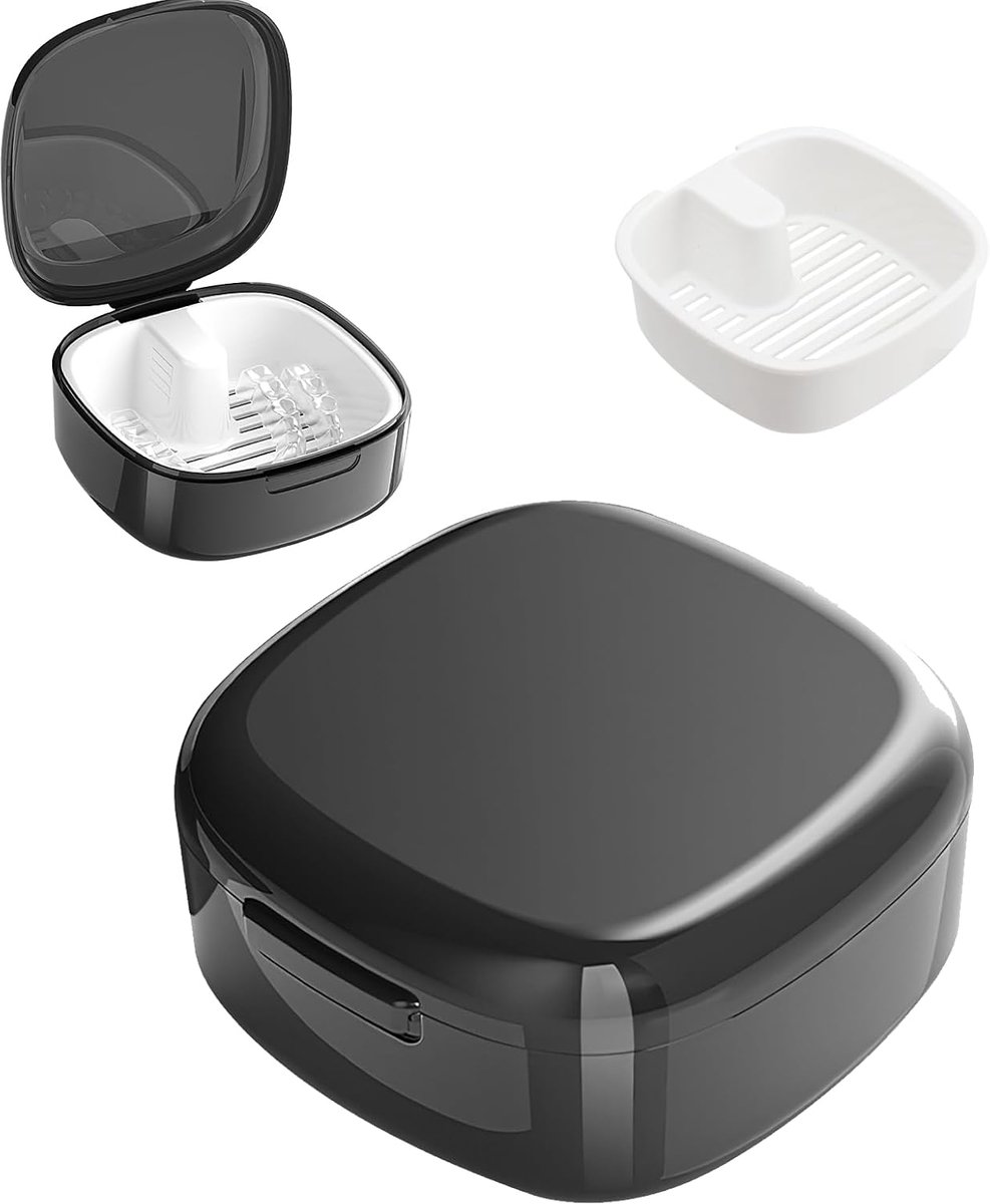 Tandprothesenbox met zeef, opbergdoos voor retainer, beugel en tandspalk, draagbare prothesenhouder met kliksluiting, hygiënische gebitdoos, zwart