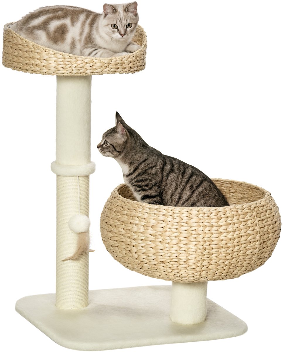 Krabpaal - dubbel - 72 cm hoog - sisalpaal met gaten en platform - inclusief 1 hangbal - beige - platform - 1 hangbal