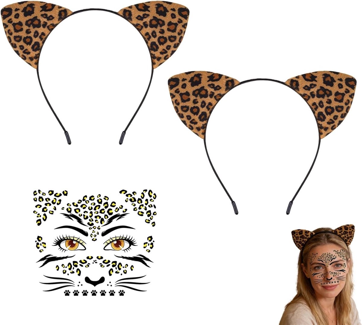 Leopard kostuum voor vrouwen en kinderen met kattenoren, strik en staart - Dierenkostuum accessoires voor carnaval, Halloween en cosplay feestjes