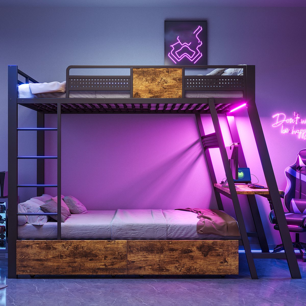 VVBV Stapelbed 90x200 cm - Met Bureau, Uitvalbeveiliging, USB & Type-C, Opbergruimte - Zwart, Metaal
