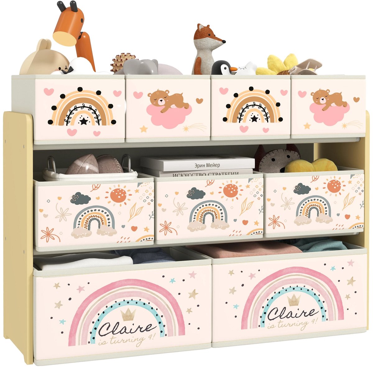 NordHaus Speelgoedorganizer - Speelgoedplank - Opbergkast - 9 verwijderbare manden in geel - Voor de kinderkamer - 93 x 30 x 70 cm