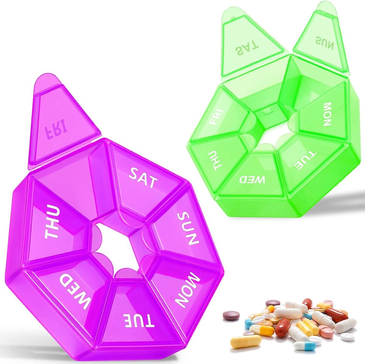 Tabletten Organizer voor 7 Dagen - 2 Delige Set, Ronde Pillendoos voor Ochtend en Avond, Draagbare en Vochtbestendige Medicijnbox, BPA-vrij en Ideaal voor Vitaminen en Supplementen