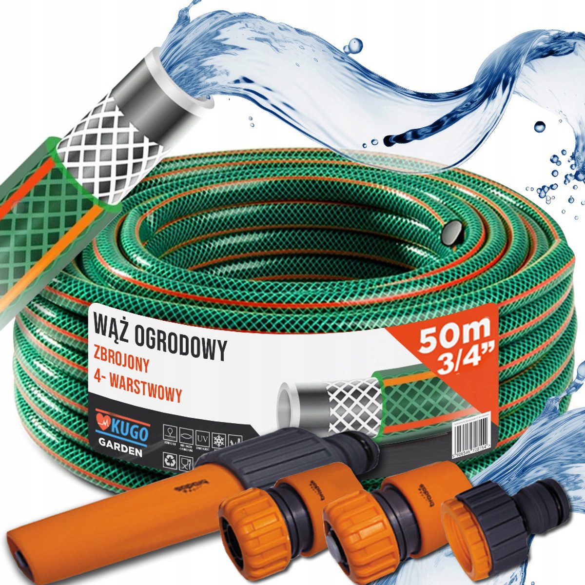 Tuinslang 3/4" 50m 4-laags met sproeier en koppeling - Set