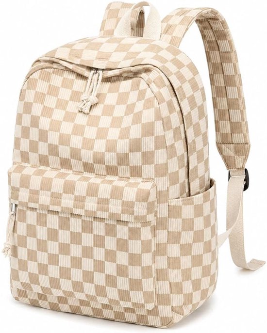 Beige en witte geruite rugzak met twee voorzakken, open vakken aan de zijkant en een top-rits.