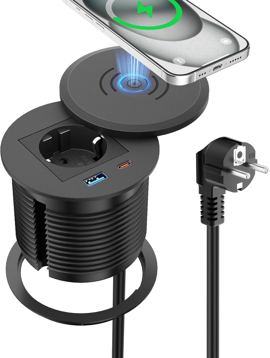 SolidKeus - Ingebouwde Stopcontact met Draadloze Oplader en USB-C PD