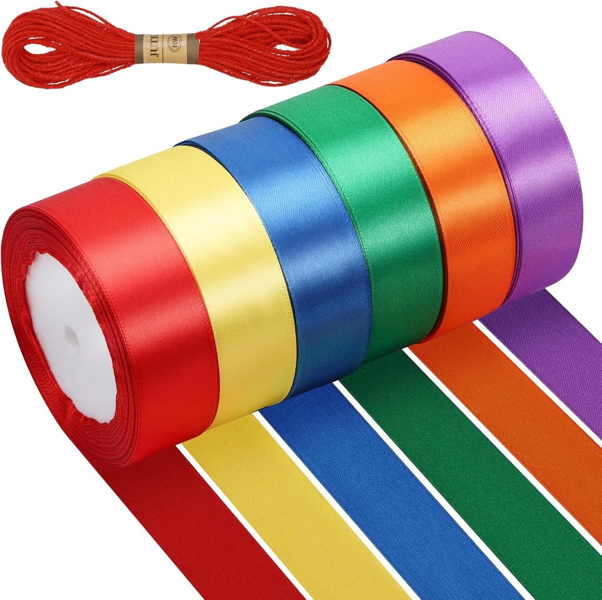 Kleurrijke Satijnen Ribbons voor Creatieve Projecten - 6 Kleuren, 22m x 25mm, Inclusief 10m Jute Touw voor DIY en Ambachten