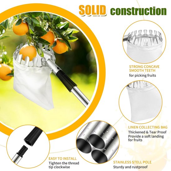 Fruitplukker Met Steel - 2.8M - Appelplukker - Fruit Plukker - Lange Fruitpluktool met telescopische steel - Fruitgrijper met telescopische steel en opbergtas - Snoeigereedschap - Voor kersen, bessen, sinaasappels, peren, citroenen — afbeelding 3