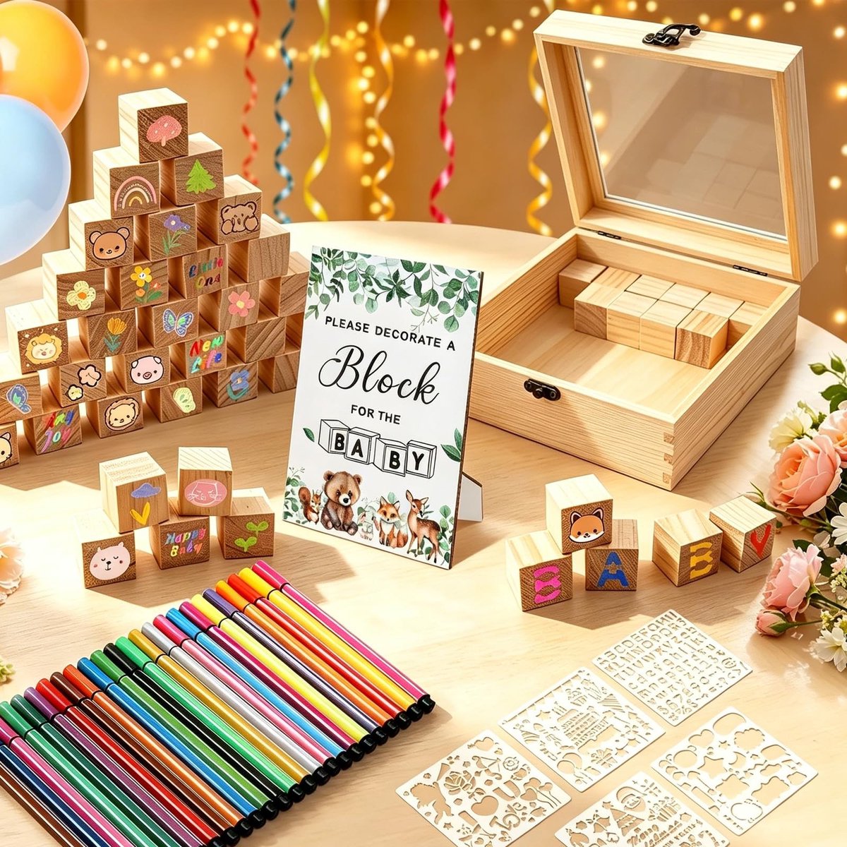 SolidKeus - 79-delige Baby Shower Spelset met Houten Blokken en Stencils