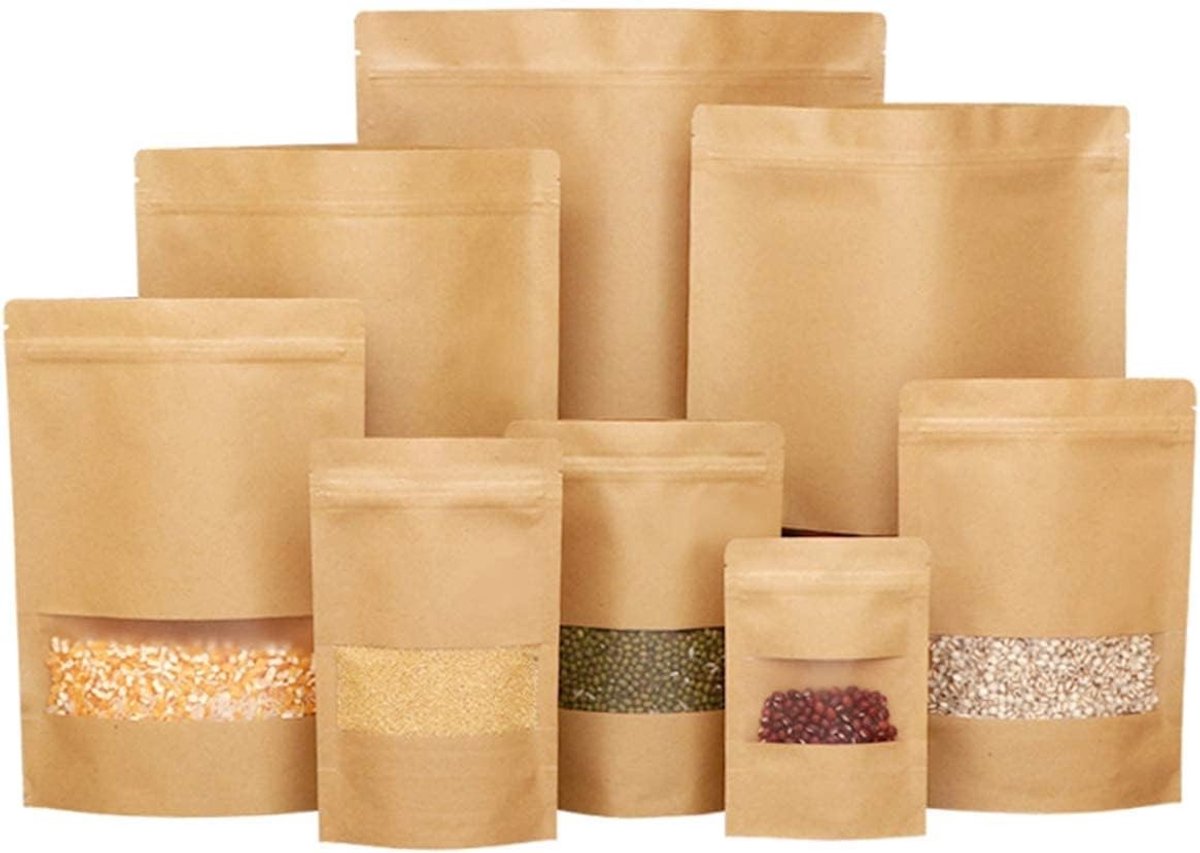 Stand Up Pouch Bags - Kraft - 12 x 20 cm - Herschrijfbare Zip Lock Voedselopbergtas - 100 Stuks
