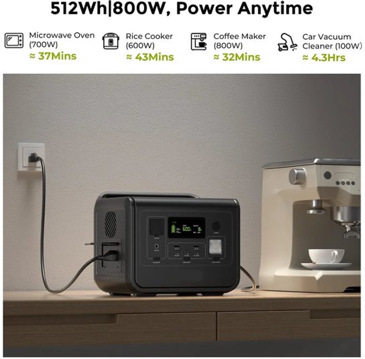 Powerstation – Draagbare Energiecentrale – Mobiele Batterij – Noodstroom – 512Wh Capaciteit – 800 Watt Vermogen - LiFePO4 Batterij - voor Home Backup - Outdoor Kamperen - Mobiele Stroom - Zwart